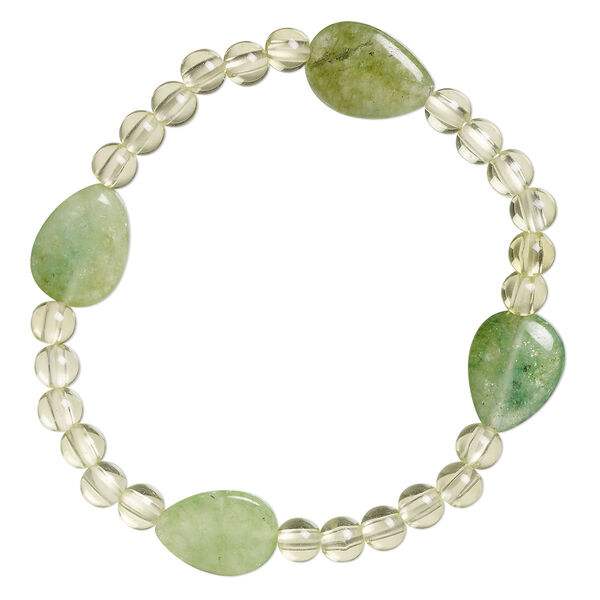 Bracelet, stretch, quartz (dyed), green and light green, 5mm round and 16x12mm flat teardrop, 6-1/2 inches. Sold individually. image number 0