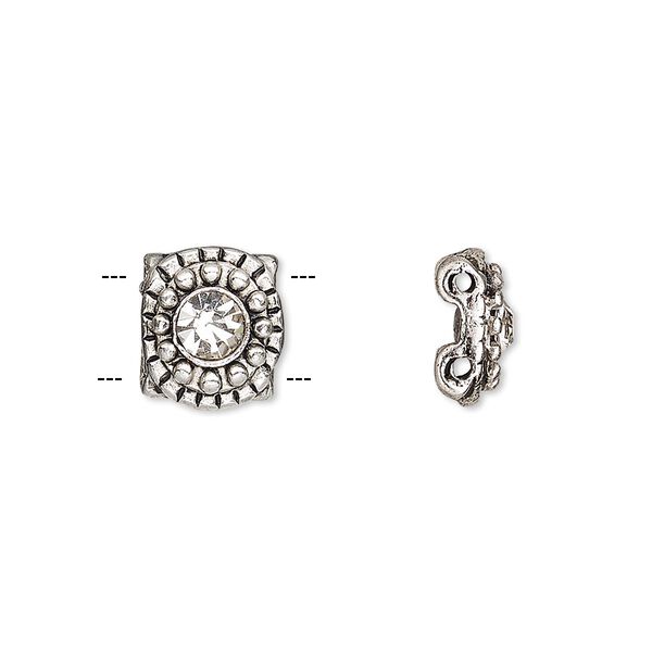 Spacer, glass rhinestone and antique silver-finished "pewter" (zinc-based alloy), clear, 10.5x9.5mm single-sided 2-strand beaded flower, fits up to 6mm bead. Sold per pkg of 6. image number 0