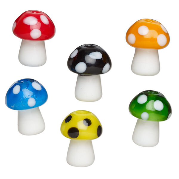 Bead assortment, lampworked glass, opaque mixed colors, 13.5x11mm mushroom. Sold per pkg of 6. image number 0