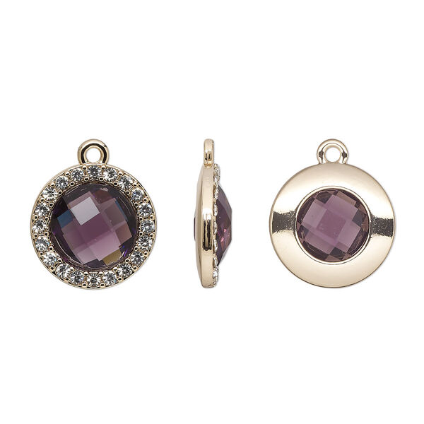 Drop, glass / glass rhinestone / gold-finished "pewter" (zinc-based alloy), clear and transparent amethyst purple, 17mm single-sided round. Sold per pkg of 2. image number 0