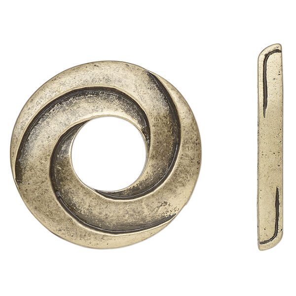 Clasp, 3-strand toggle, antique brass-finished "pewter" (zinc-based alloy), 35mm round swirl. Sold individually. image number 0