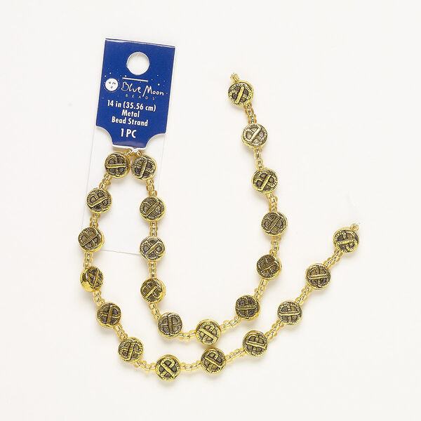 Bead, glass and antique gold-finished "pewter" (zinc-based alloy), gold, 9-10mm flat round with raised Celtic knot design. Sold per 14-inch strand. image number 0
