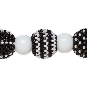 Bead, glass, opaque black and white, 13mm round and 10mm round. Sold per 6-inch strand, approximately 7 beads.