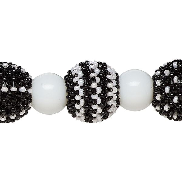 Bead, glass, opaque black and white, 13mm round and 10mm round. Sold per 6-inch strand, approximately 7 beads. image number 0