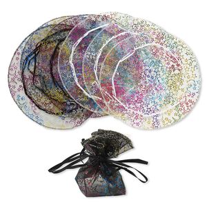 Gift pouch, organza, black / white / multicolored, 10-inch round with moon and star pattern and drawstring. Sold per pkg of 6.