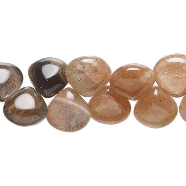 Bead, peach moonstone and grey moonstone (natural), 10-11mm hand-cut top-drilled puffed teardrop with 0.4-1.4mm hole, B+ grade, Mohs hardness 6 to 6-1/2. Sold per 8-inch strand, approximately 40 beads. image number 0