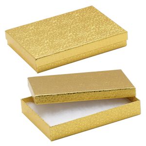 Box, paper, "cotton"-filled, gold, 7-1/8 x 5-1/8 x 1-1/8 inch rectangle. Sold per pkg of 10.