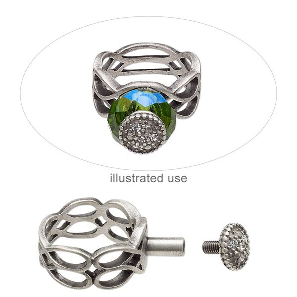 Ring, crystals and antique silver-plated brass, crystal clear, 11.5mm wide with beaded and twisted loop design with 7mm post and twist-off top, size 8. Sold individually. image number 0