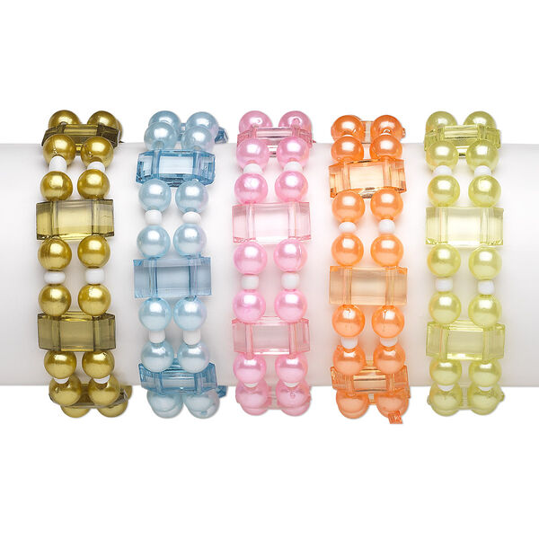 Bracelet mix, 2-strand stretch, acrylic / glass / elastic, pearlized mixed colors, 7.5mm round and 17x8mm flat rectangle, 5-1/2 inches. Sold per pkg of 5. image number 0