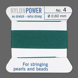 Thread, Griffin, nylon, green, size #4. Sold per 2-meter card (approximately 78 inches).