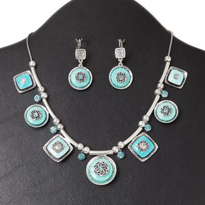 Necklace and earring set, antique silver-plated "pewter" (zinc-based alloy) and steel / enamel / glass rhinestone / resin, blue / turquoise blue / aqua, flat round and square, 15" to 16" necklace with lobster claw clasp and 3-inch extender chain, 1-3/4 inch earring with leverback ear wire. Sold per set.