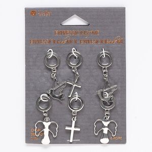 Focal mix, silver-finished "pewter" (zinc-based alloy) and steel, (2) 34x11mm cross / (2) 35x16mm angel / (2) 37x16mm dove. Sold per pkg of 6.