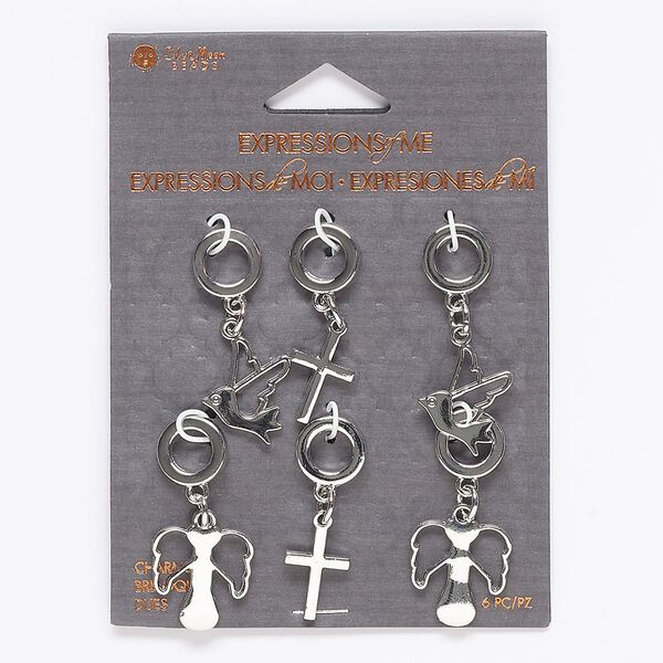 Focal mix, silver-finished "pewter" (zinc-based alloy) and steel, (2) 34x11mm cross / (2) 35x16mm angel / (2) 37x16mm dove. Sold per pkg of 6. image number 0