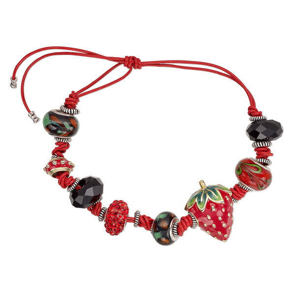 Bracelet, One of a Kind Jewelry, lampworked glass / silver-plated steel / gold-finished "pewter (zinc-based alloy) / Celestial Crystal® / rhinestone / epoxy / leather (dyed), red / black / green, 5-1/2 to 8 inches with knot closure. Only one available. image number 0