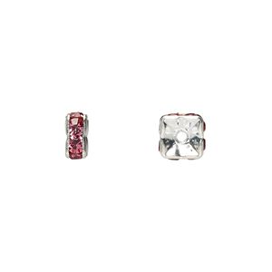 Bead, glass rhinestone and silver-plated brass, rose, 6x3mm squaredelle. Sold per pkg of 10.