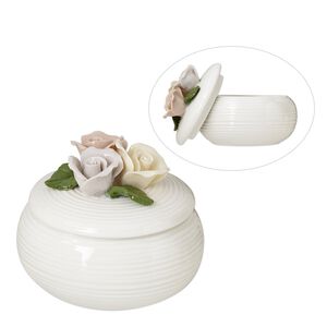 Trinket box, porcelain, multicolored, 3-1/2 inch round with flowers, leaves and lines. Sold individually.