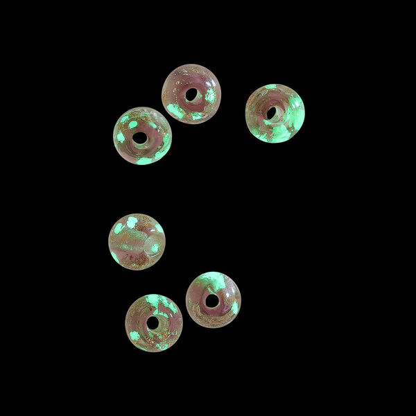 Bead, lampworked glass, clear / purple / glow-in-the-dark / gold, 6mm round. Sold per pkg of 6. image number 1