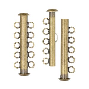 Clasp, 5-strand slide lock, antique gold-plated brass, 31x6mm tube. Sold per pkg of 10.
