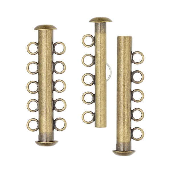 Clasp, 5-strand slide lock, antique gold-plated brass, 31x6mm tube. Sold per pkg of 10. image number 0