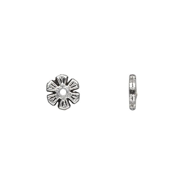 Bead, antique silver-plated "pewter" (zinc-based alloy), 8x1mm double-sided flat flower rondelle. Sold per pkg of 100. image number 0