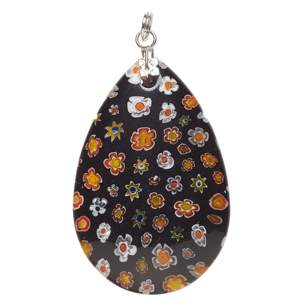 Focal, millefiori glass and silver-finished steel 1pkg1, opaque and translucent black and multicolored, 47x30mm-48x33mm puffed teardrop. image number 0