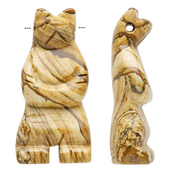 Focal, picture jasper (natural), 41x18mm-45x22mm hand-cut standing bear with 2mm hole, B grade, Mohs hardness 6-1/2 to 7. Sold individually. image number 0