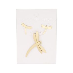 Pendant and earring, glass rhinestone and gold-finished stainless steel, clear, 46x25mm dragonfly pendant, 14mm with dragonfly and post. Sold per set.