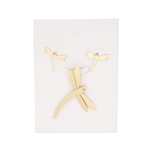 Pendant and earring, glass rhinestone and gold-finished stainless steel, clear, 46x25mm dragonfly pendant, 14mm with dragonfly and post. Sold per set. image number 0