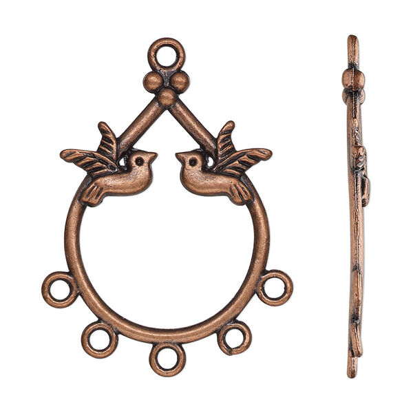Drop, antique copper-finished "pewter" (zinc-based alloy), 29x23mm single-sided open teardrop with birds and 5 closed loops. Sold per pkg of 10. image number 0