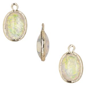 Drop, Opalized Ice™, "opal" (resin) and gold-finished brass, white, 16x12mm double-sided oval. Sold per pkg of 4.