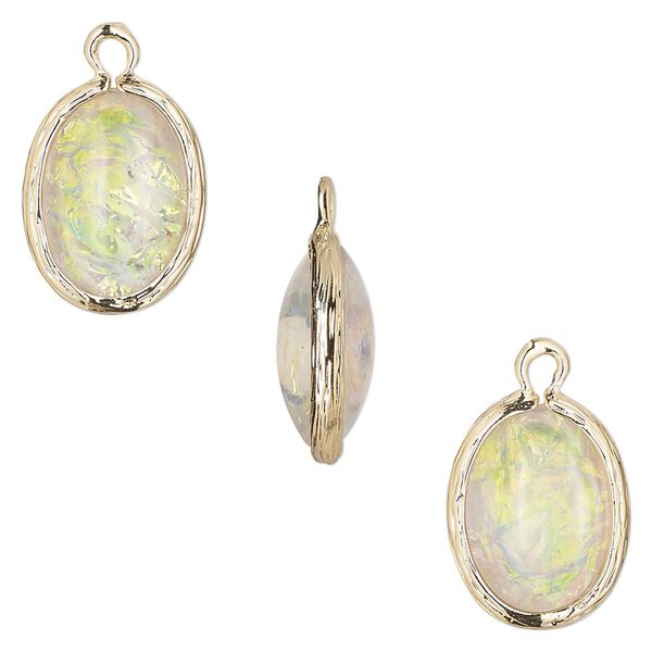 Drop, Opalized Ice™, "opal" (resin) and gold-finished brass, white, 16x12mm double-sided oval. Sold per pkg of 4. image number 0