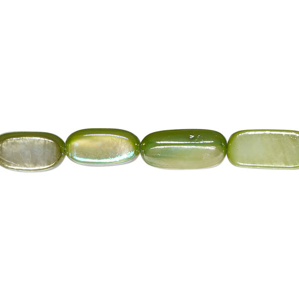 Bead, mother-of-pearl shell (dyed), green apple AB, 11x5mm-13x6mm puffed oval with 0.4-0.6mm hole, Mohs hardness 3-1/2. Sold per 15-inch strand. image number 0