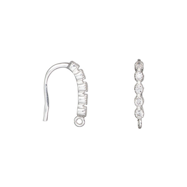 Ear wire, sterling silver and cubic zirconia, clear, fishhook, 15.5mm with open loop, 19 gauge. Sold per pair. image number 0