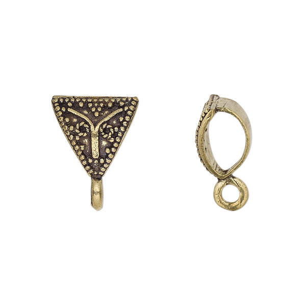Bail, antique gold-finished brass, 13x11x11mm single-sided beaded triangle with closed loop, 5.5mm hole. Sold per pkg of 4. image number 0