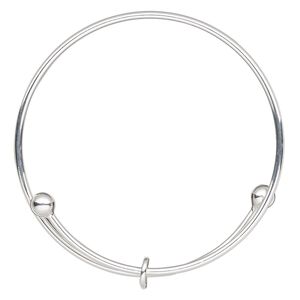 Bracelet, bangle, silver-finished steel, 2mm wide with 6mm ball and 8mm soldered jumpring, adjustable from 7-1/4 to 7-1/2 inches. Sold individually.