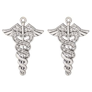 Focal, antique silver-finished "pewter" (zinc alloy) and glass, clear, 34x26mm caduceus medical symbol. Sold per pkg of 2.