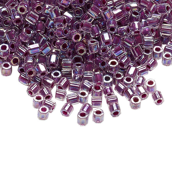 Seed bead, Delica®, glass, pkg/7.5g, #8 cut, translucent raspberry-lined rainbow crystal clear (DBLC-0056). image number 0