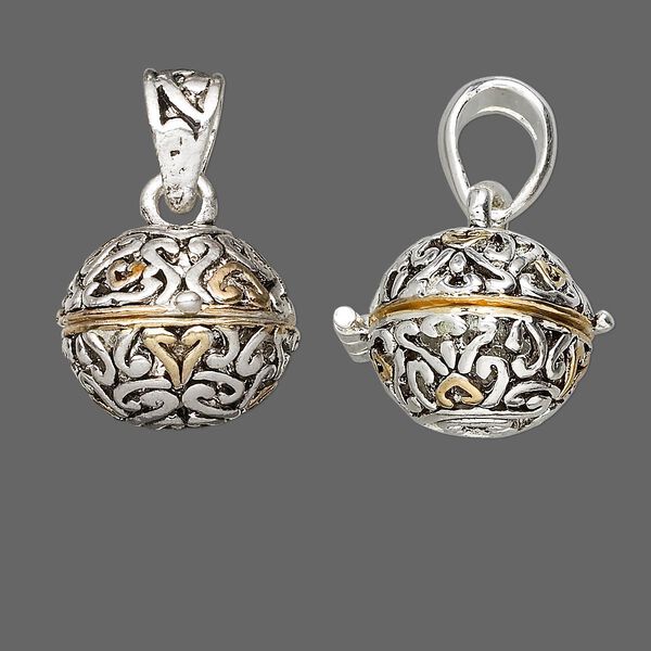 Drop, antique silver- and gold-finished "pewter" (zinc-based alloy), 18mm round prayer box with swirl design and magnetic closure. Sold individually. image number 0