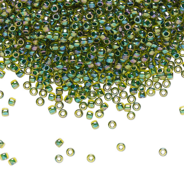 Seed bead, TOHO BEADS®, glass, pkg/50g, #11 round, translucent rainbow forest green-lined jonquil (TR-11-1829). image number 0