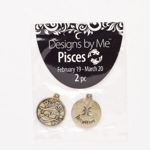 "Pewter" (zinc-based alloy) / enamel 1pkg2, 2-sided round charm / Pisces / "Intuitive" antique gold finish / black 18mm