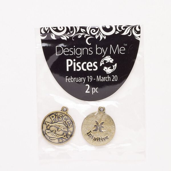 "Pewter" (zinc-based alloy) / enamel 1pkg2, 2-sided round charm / Pisces / "Intuitive" antique gold finish / black 18mm image number 0