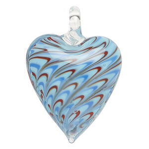 Focal, lampworked glass 1pkg1, translucent and opaque light blue / multicolored, 42x29mm-44x31mm single-sided heart with swirl design.