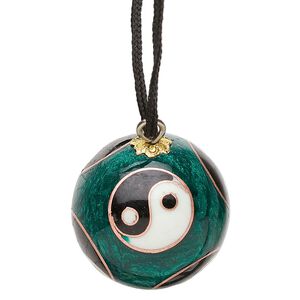 Necklace, cloisonné, nylon cord / enamel / gold-finished / silver- / copper-plated steel, green / black / white, 22mm round with yin-yang design and chime, 26-inch continuous loop. Sold individually.