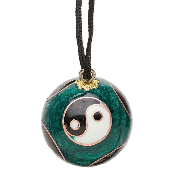 Necklace, cloisonné, nylon cord / enamel / gold-finished / silver- / copper-plated steel, green / black / white, 22mm round with yin-yang design and chime, 26-inch continuous loop. Sold individually. image number 0