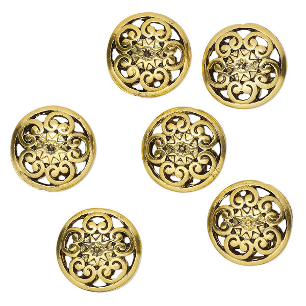 Bead, antique gold-finished "pewter" (zinc-based alloy), 16mm double-sided filigree puffed flat round. Sold per pkg of 6. image number 0