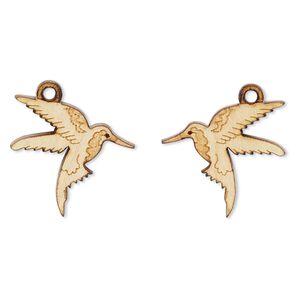 Drop, wood (natural), 20x18mm single-sided left- and right-facing hummingbird. Sold per pkg of 2.