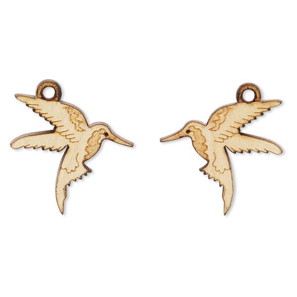Drop, wood (natural), 20x18mm single-sided left- and right-facing hummingbird. Sold per pkg of 2. image number 0