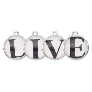 Drop, silver-finished "pewter" (zinc-based alloy) and plastic, black and white, 20mm single-sided domed flat round with "LIVE." Sold per 4-piece set.