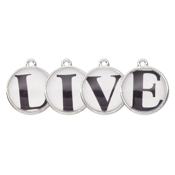 Drop, silver-finished "pewter" (zinc-based alloy) and plastic, black and white, 20mm single-sided domed flat round with "LIVE." Sold per 4-piece set. image number 0