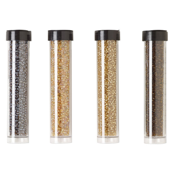 Seed bead assortment, Ming Tree™, glass, pkg/(4) 4 x 3/4 inch vials, #11 round, transparent rainbow, silver-lined and luster tan, root beer and brown. image number 0